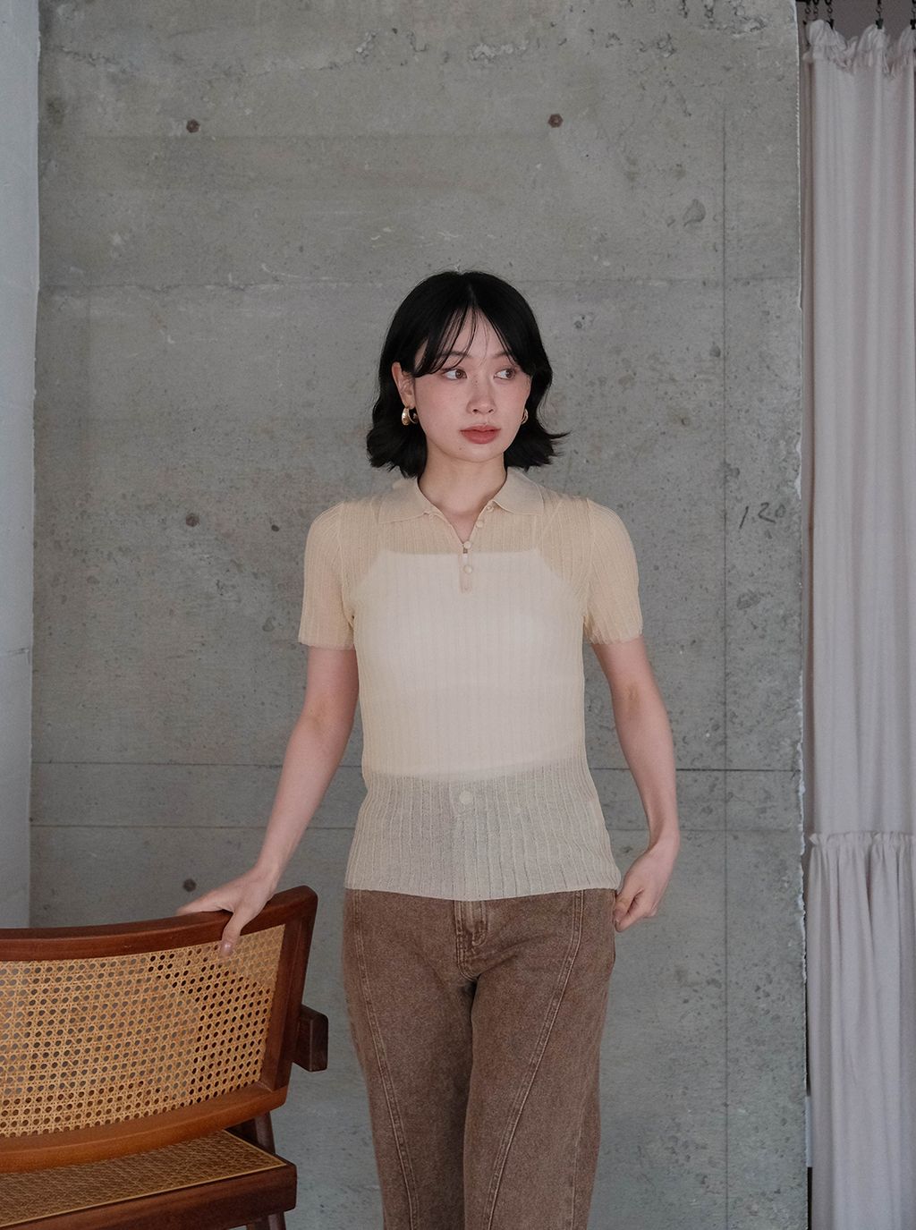 撞色滾邊微透明感POLO上衣_M15
