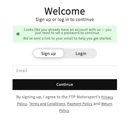 FTP Motorsport login page showing banner that an existing customer already has an account and should set a new password via emailed link