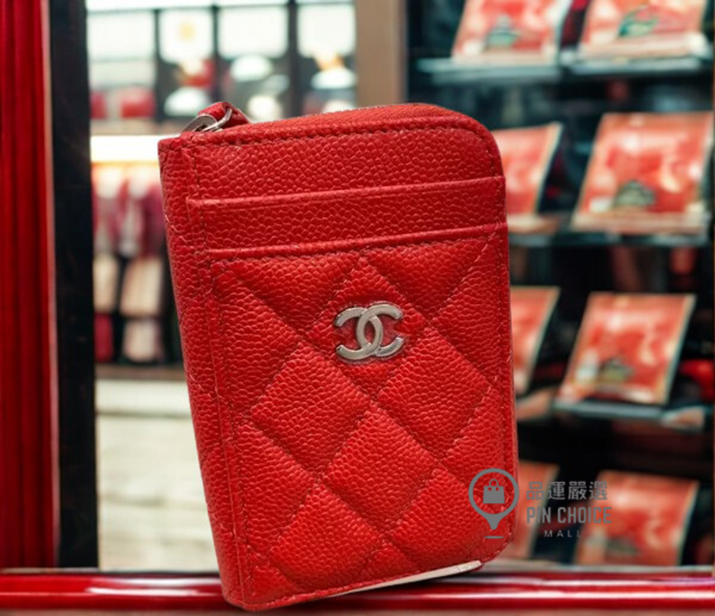 CHANEL 紅色銀扣拉鍊卡夾零錢包