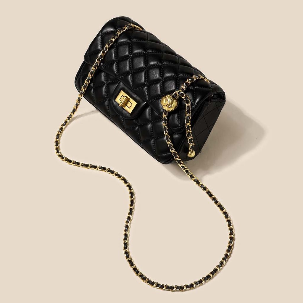 頭層牛皮小香風菱格金球鏈包1