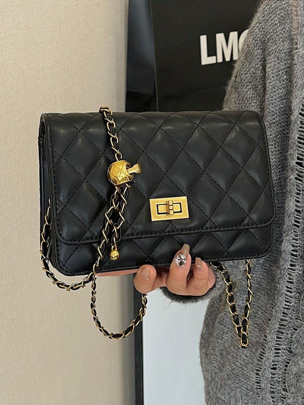 金扣小香風頭層皮質菱格鏈條肩包斜背包小方包