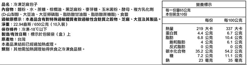 奇美 芝麻包 產品規格