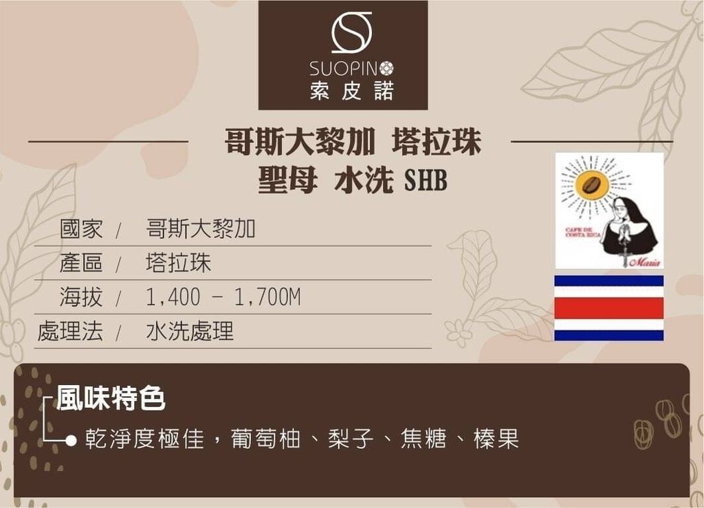 C0534_哥斯大黎加 塔拉珠 聖母 水洗 SHB 中焙225g_介紹