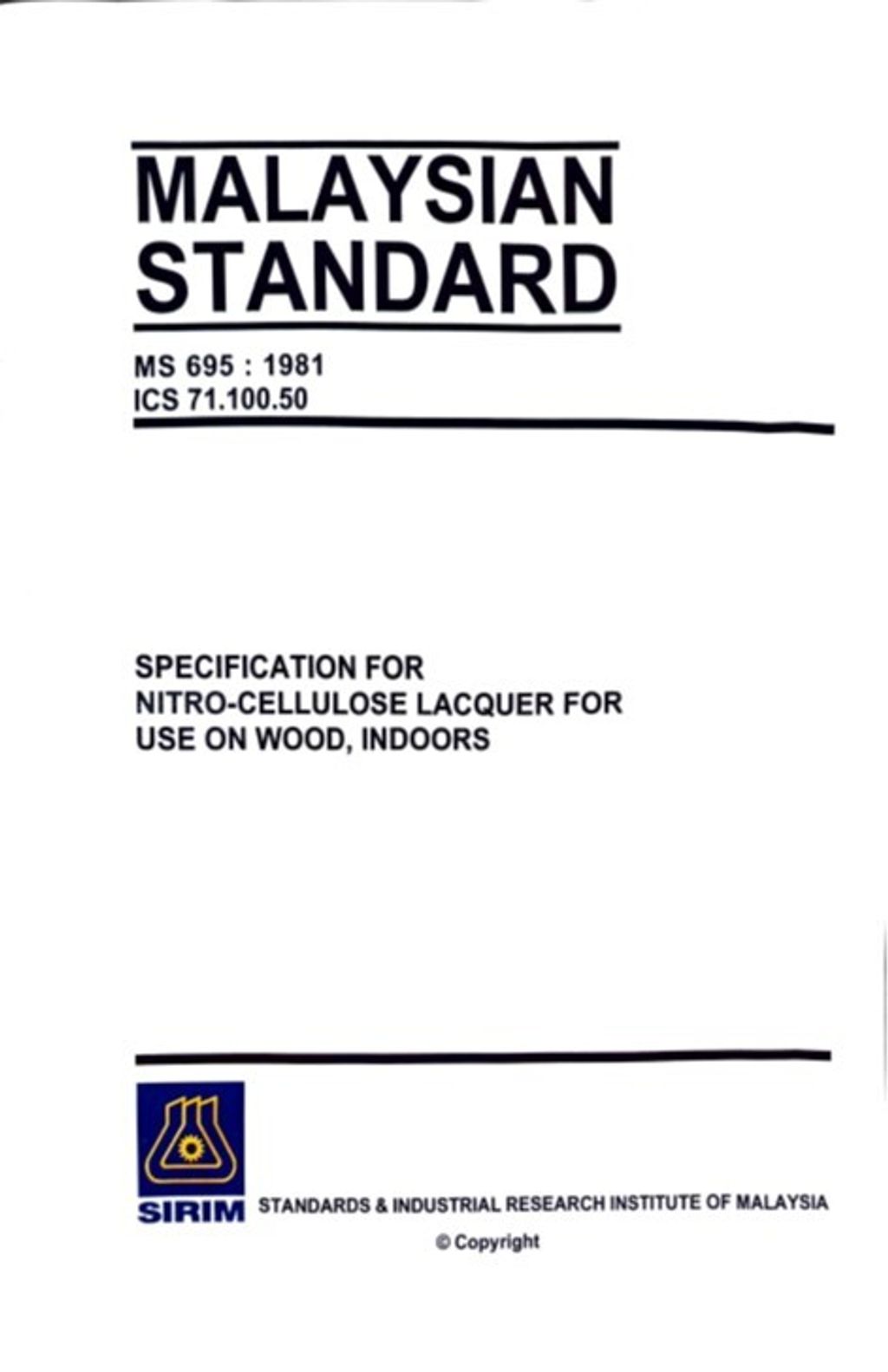 MS 695(1981) - SPECIFICATION FOR NITRO-CELLULOSE LACQUER FOR USE ON WOOD, INDOORS