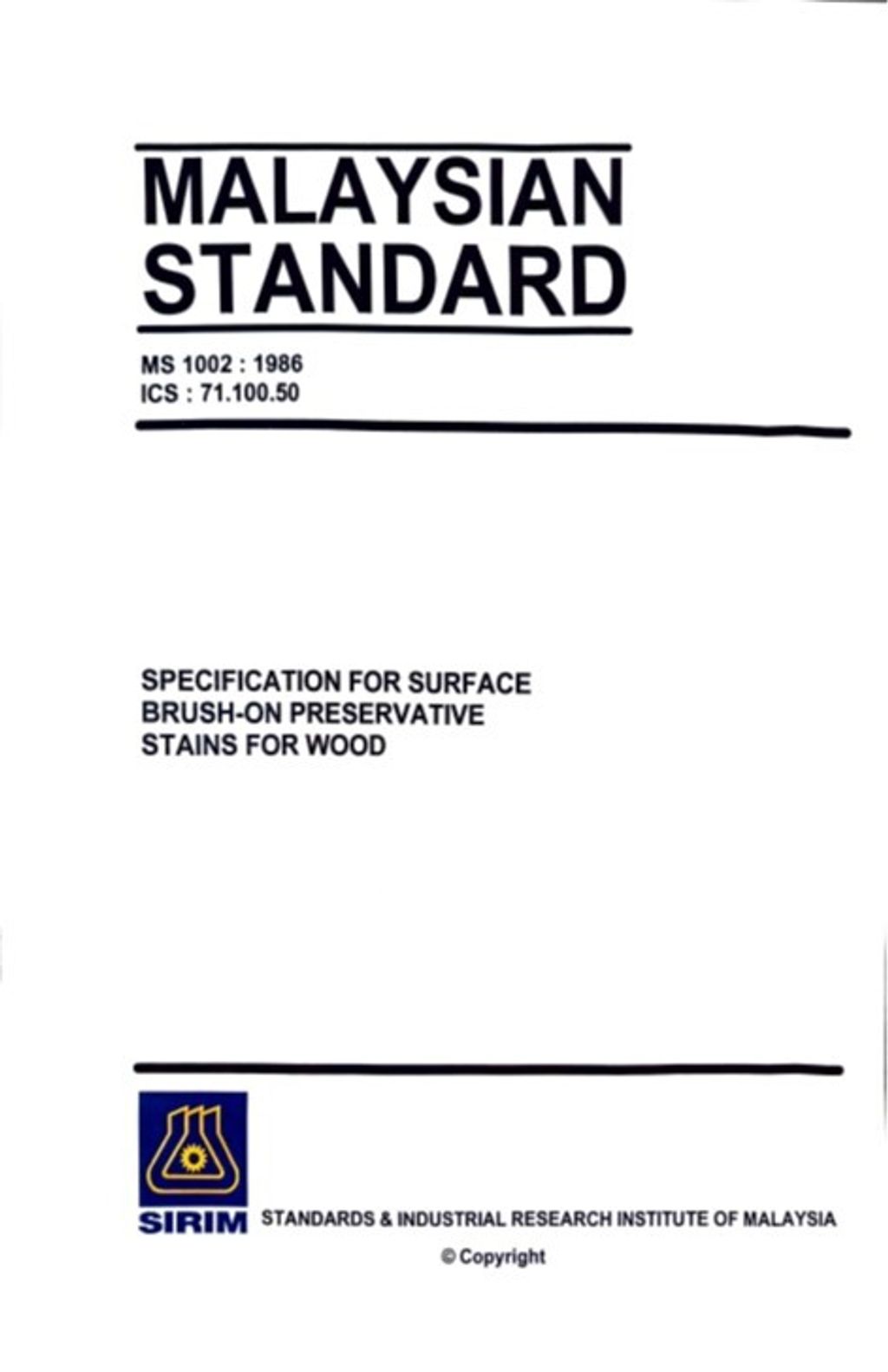 MS 1002(1986) - SPECIFICATION FOR SURFACE BRUSH-ON PRESERVATIVE STAINS FOR WOOD
