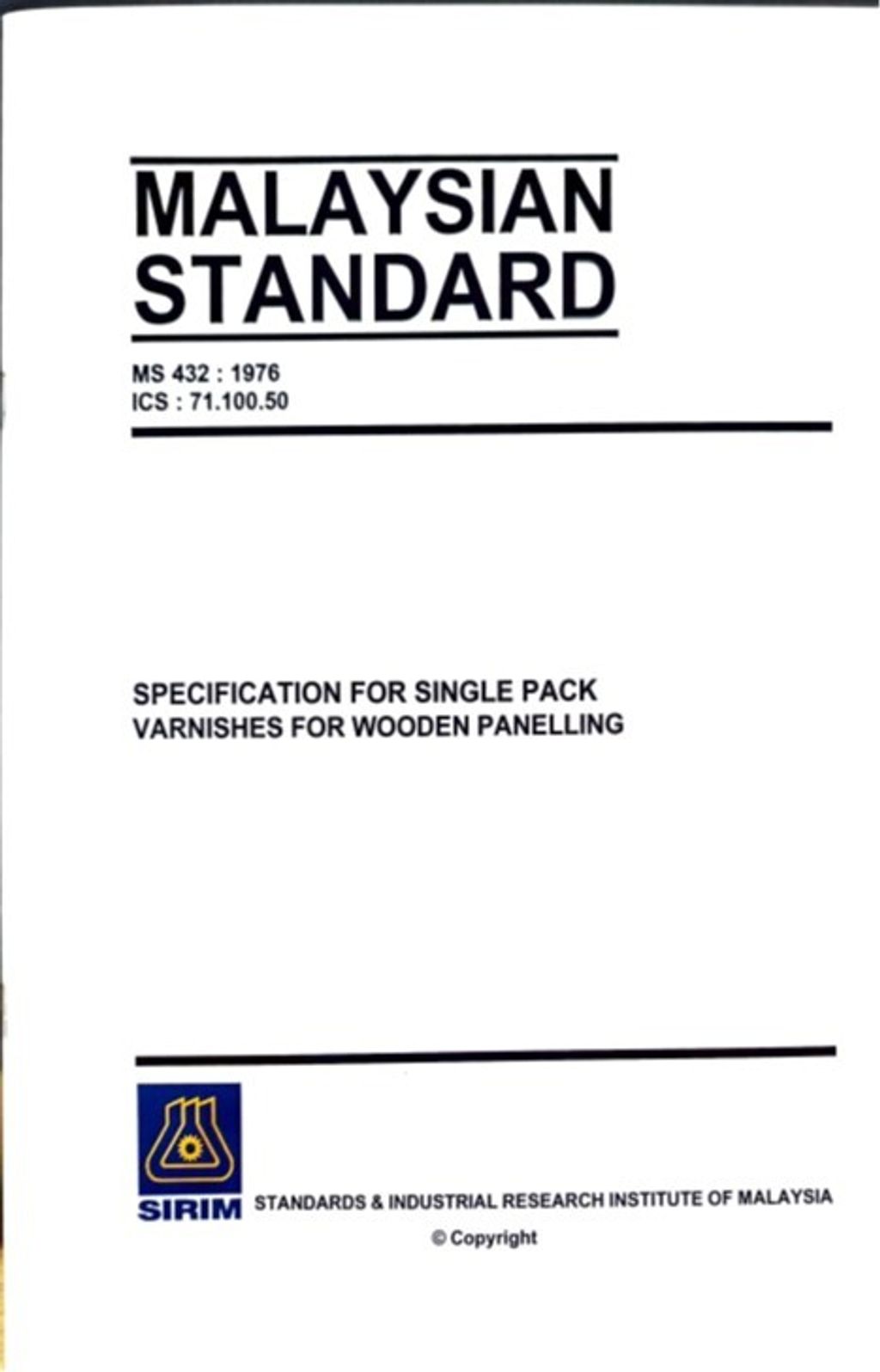 MS 432(1976) - SPECIFICATION FOR SINGLE PACK VARNISHES FOR WOODEN PANELLING