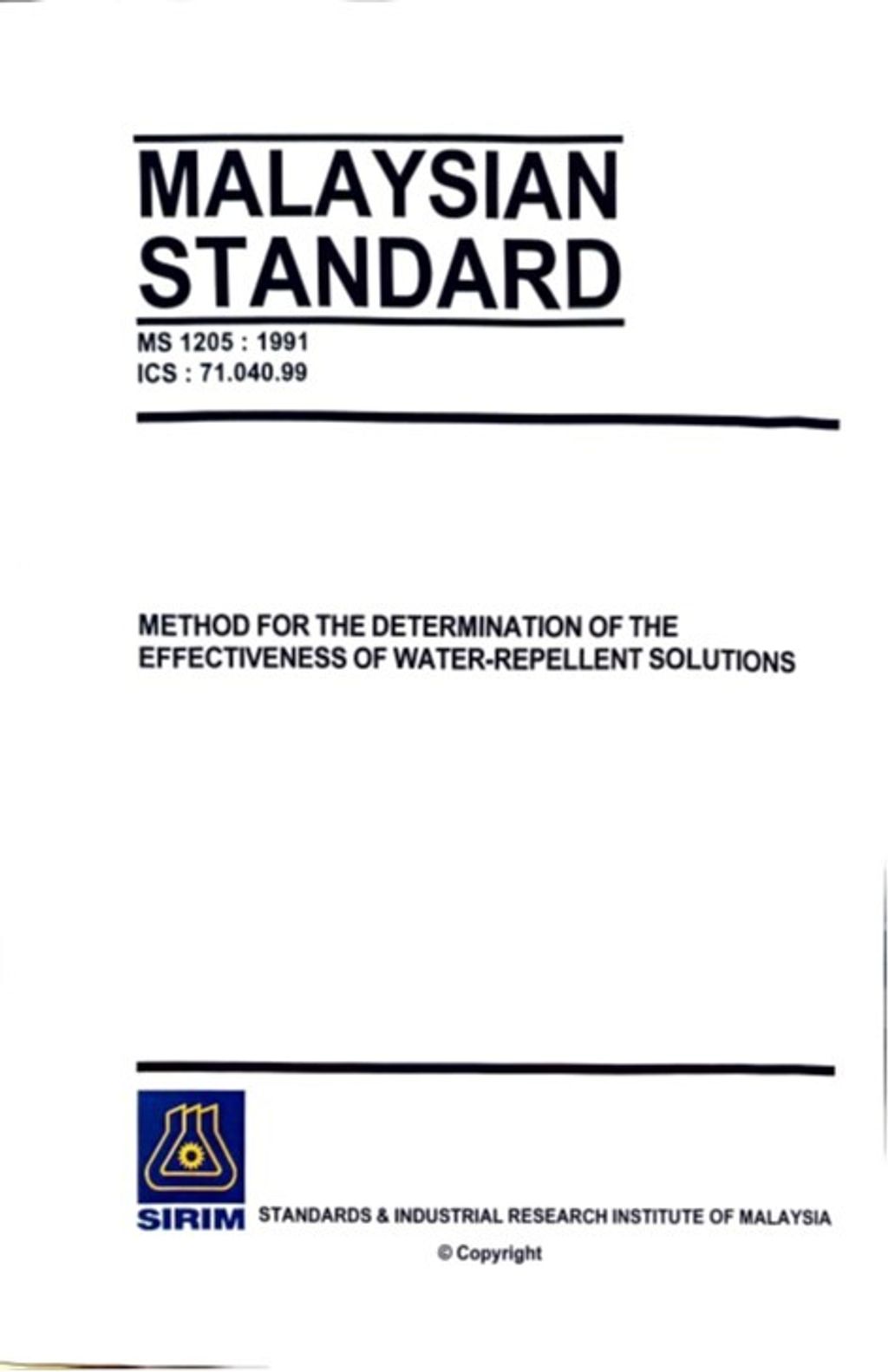 MS 1205(1991) - METHOD FOR THE DETERMINATION OF THE EFFECTIVENESS OF WATER REPELLENT SOLUTIONS
