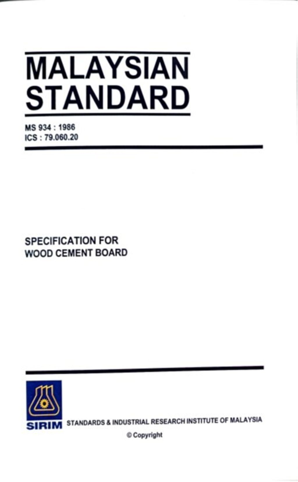 MS 934(1986) - SPECIFICATION FOR WOOD CEMENT BOARD