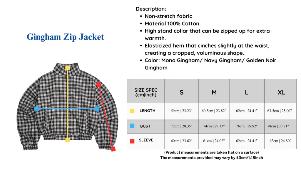 GinghamZipJacketSizeChart