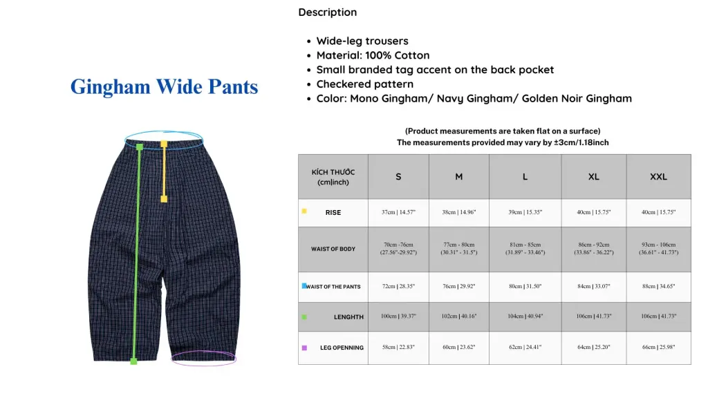 Gingham Wide Pants SizeChart