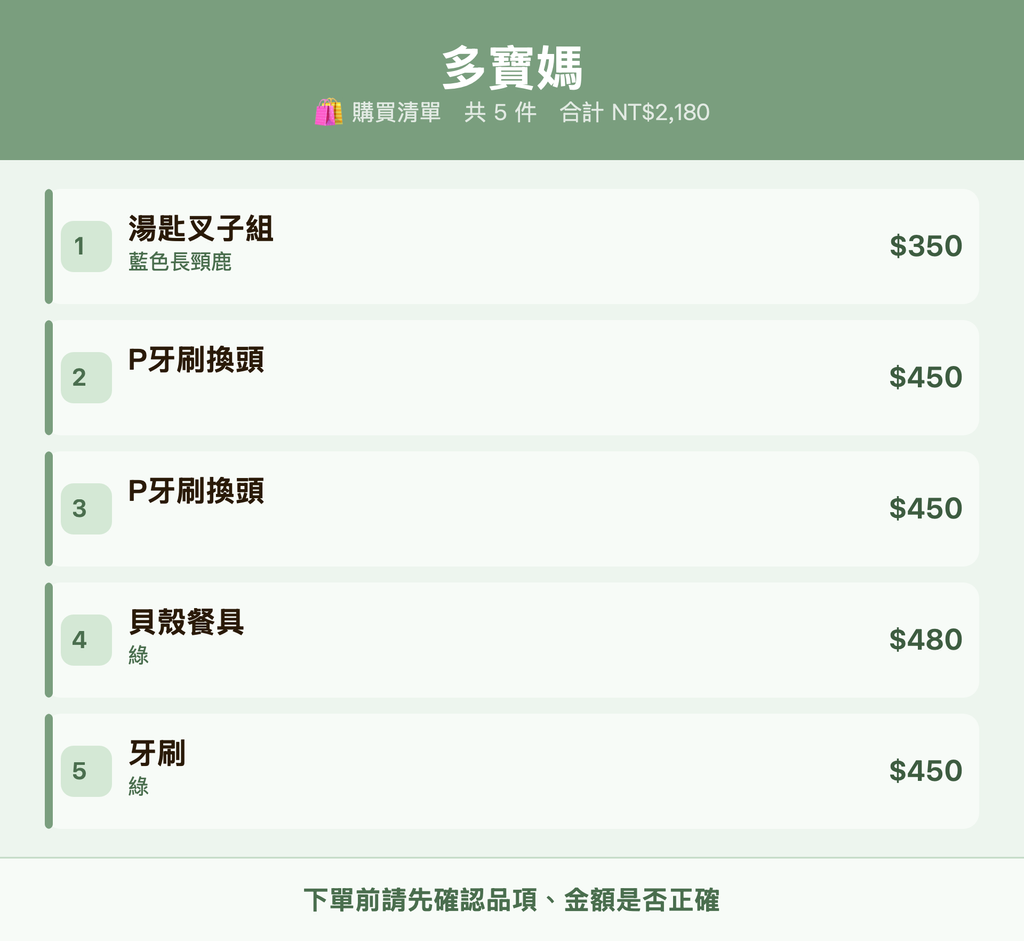 多寶媽_購買清單