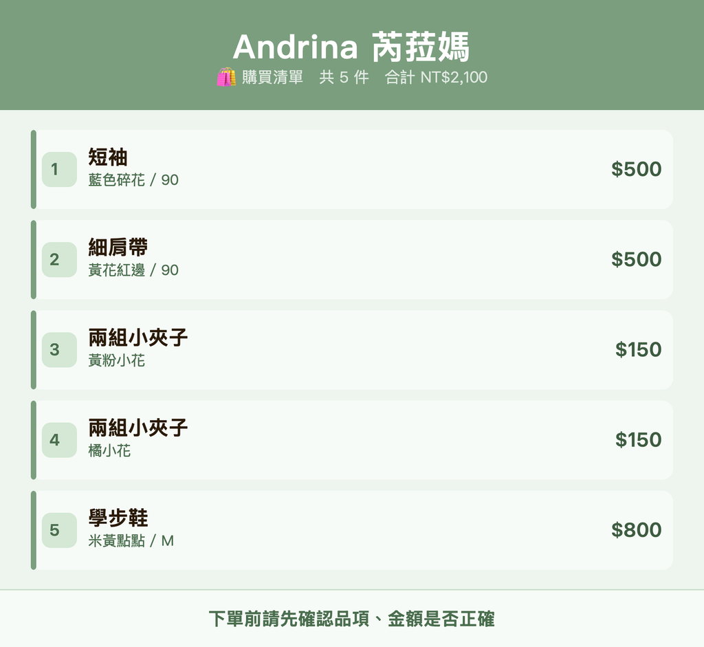 Andrina 芮菈媽_購買清單