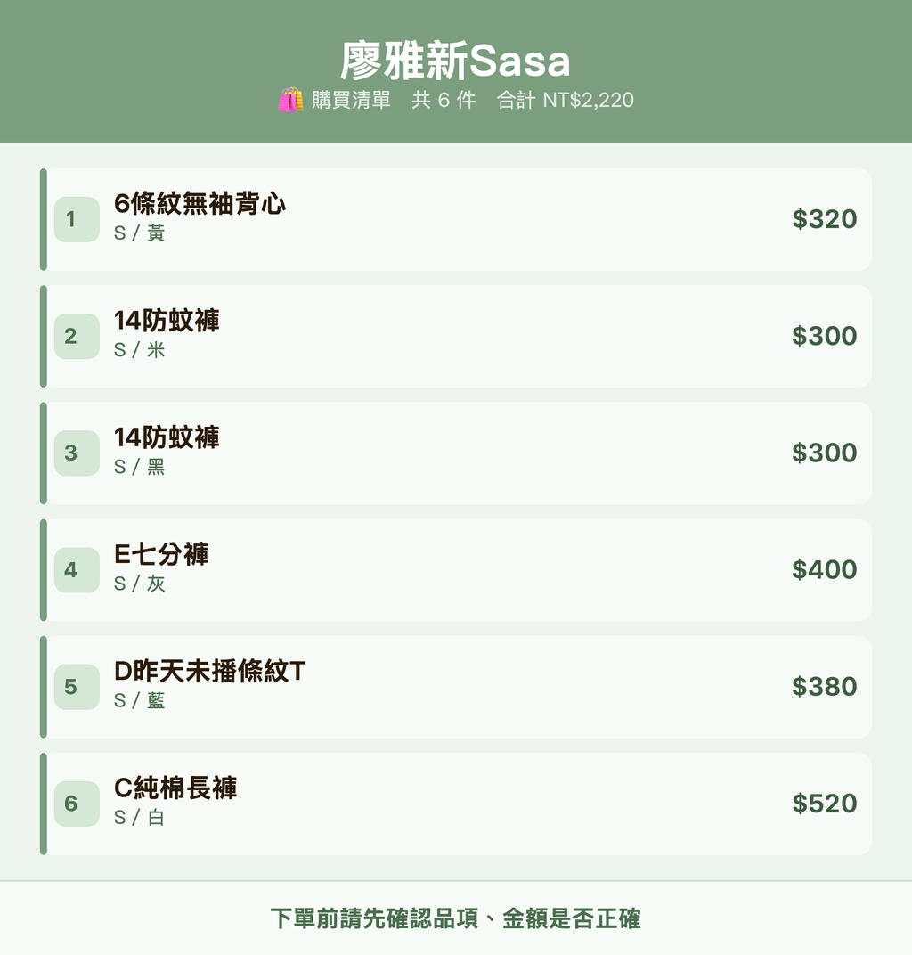 廖雅新Sasa_購買清單