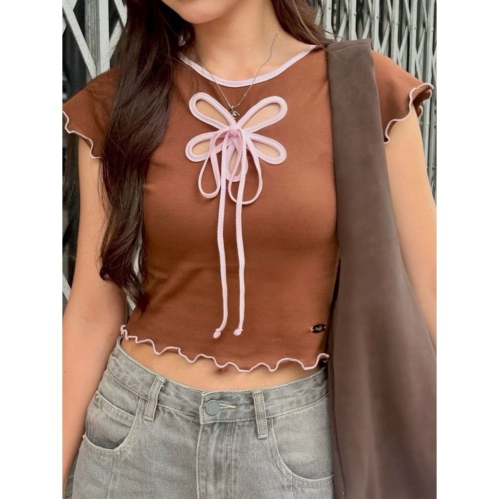 Flower Bow Tie Crop Top 棕2