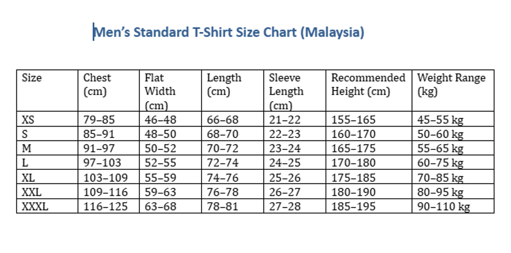size chart-Malaysian men T-shirt