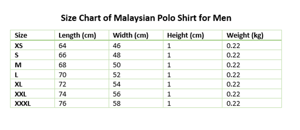 Size Chart of Malaysian Polo Shirt for Men