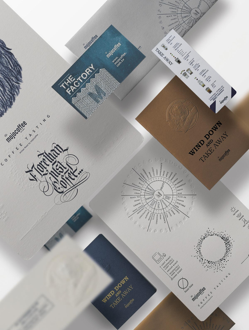 mojocoffee packaging set view showing illustration system across bags, Red Dot 2017