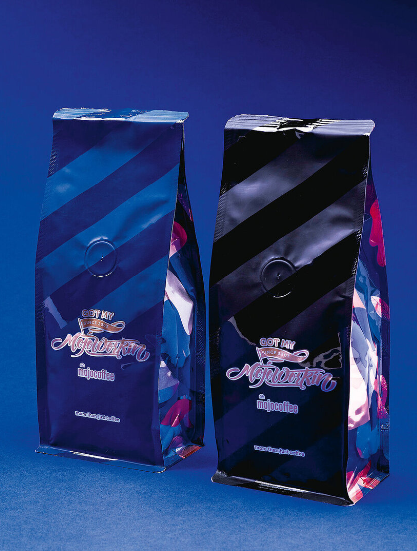mojocoffee coffee packaging detail, spot varnish Got My Mojo Workin' black and white