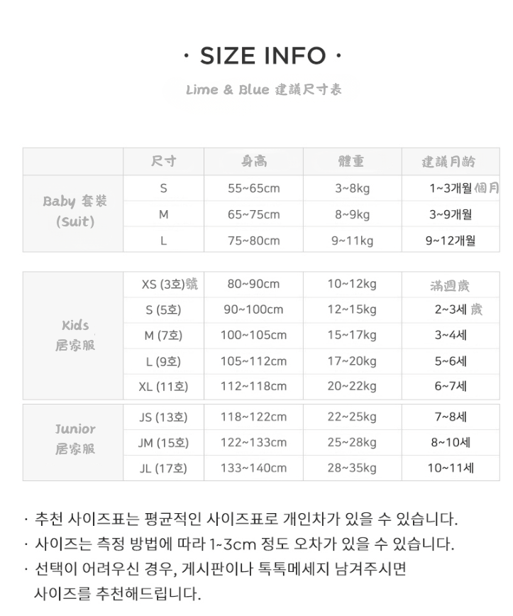Lime & Blue 建議尺寸表