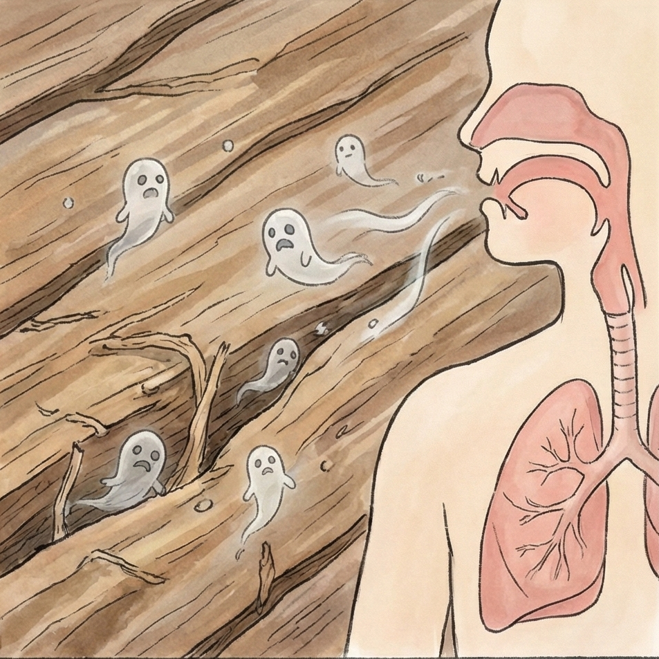 家具甲醛長達15年釋放並進入呼吸道造成肺部微損傷之科學原理圖