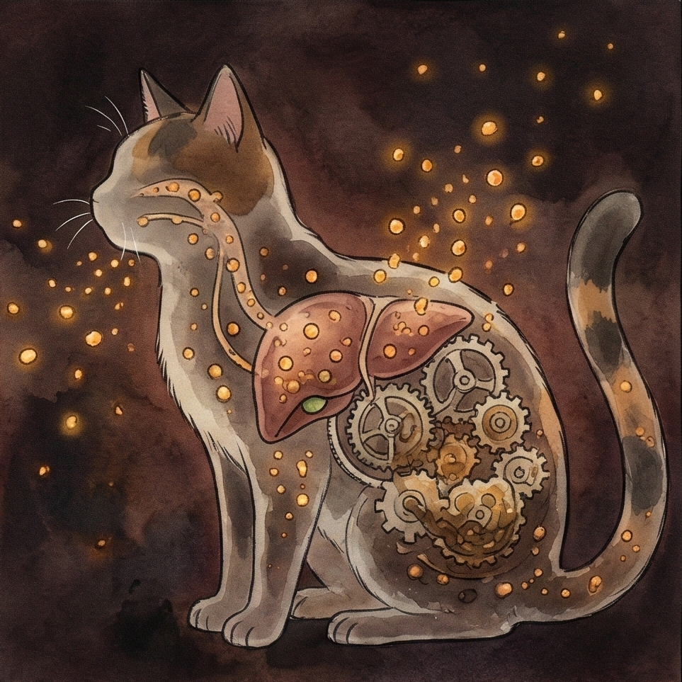 貓咪肝臟代謝機制示意圖：解析缺乏「葡萄糖醛酸轉移酶」導致的精油毒素堆積陷阱