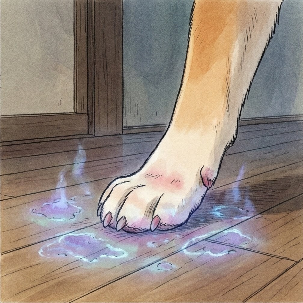 寵物肉墊直接接觸地板化學物質示意圖，解析經皮毒與環境過敏原風險