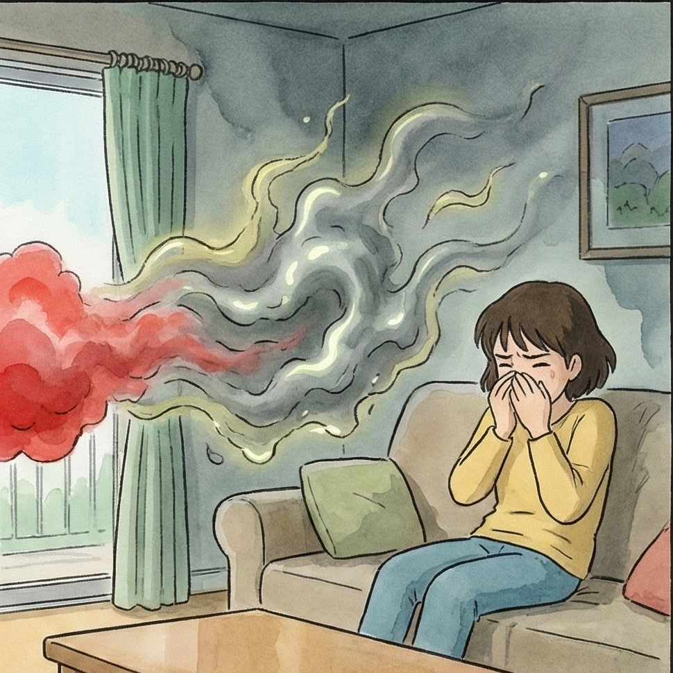 異味分解vs遮蓋：強烈香精導致嗅覺疲勞與室內空氣化學混亂感示意圖