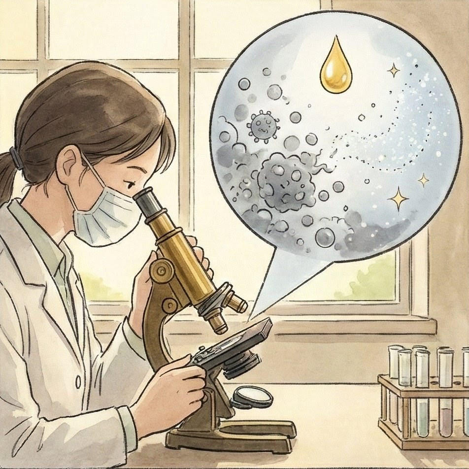 無菌實驗室測量抑菌率過程：NaturaX淨立方植萃分子瓦解細菌細胞壁模擬圖