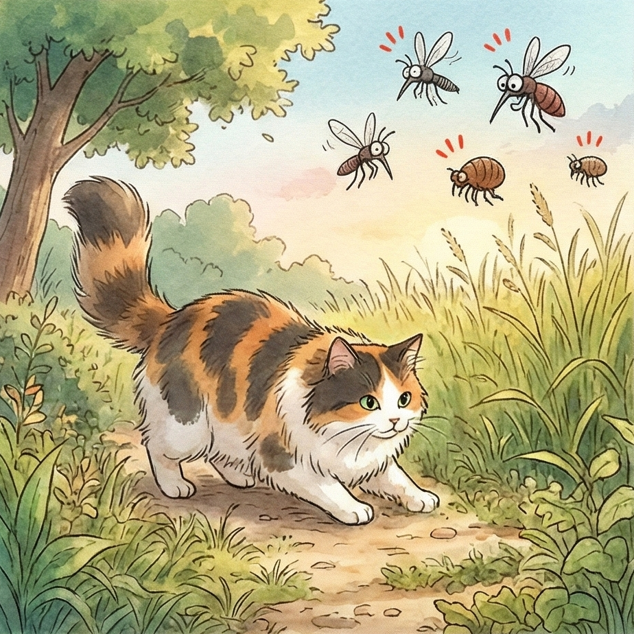 寵物天然驅蟲預防：三花貓在戶外草叢散步並面臨跳蚤、壁蝨與蚊蟲威脅