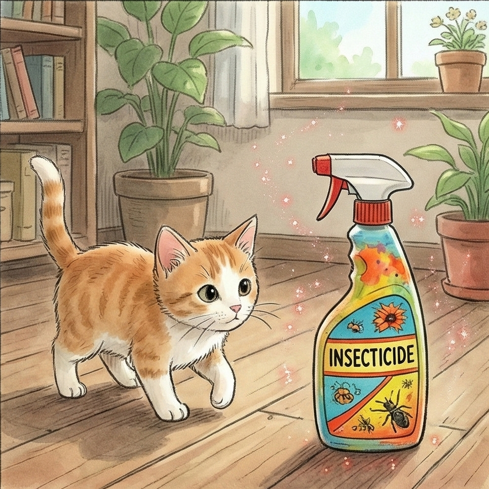 幼貓與居家化學殺蟲劑風險示意圖：警示類除蟲菊精對幼貓神經系統的威脅