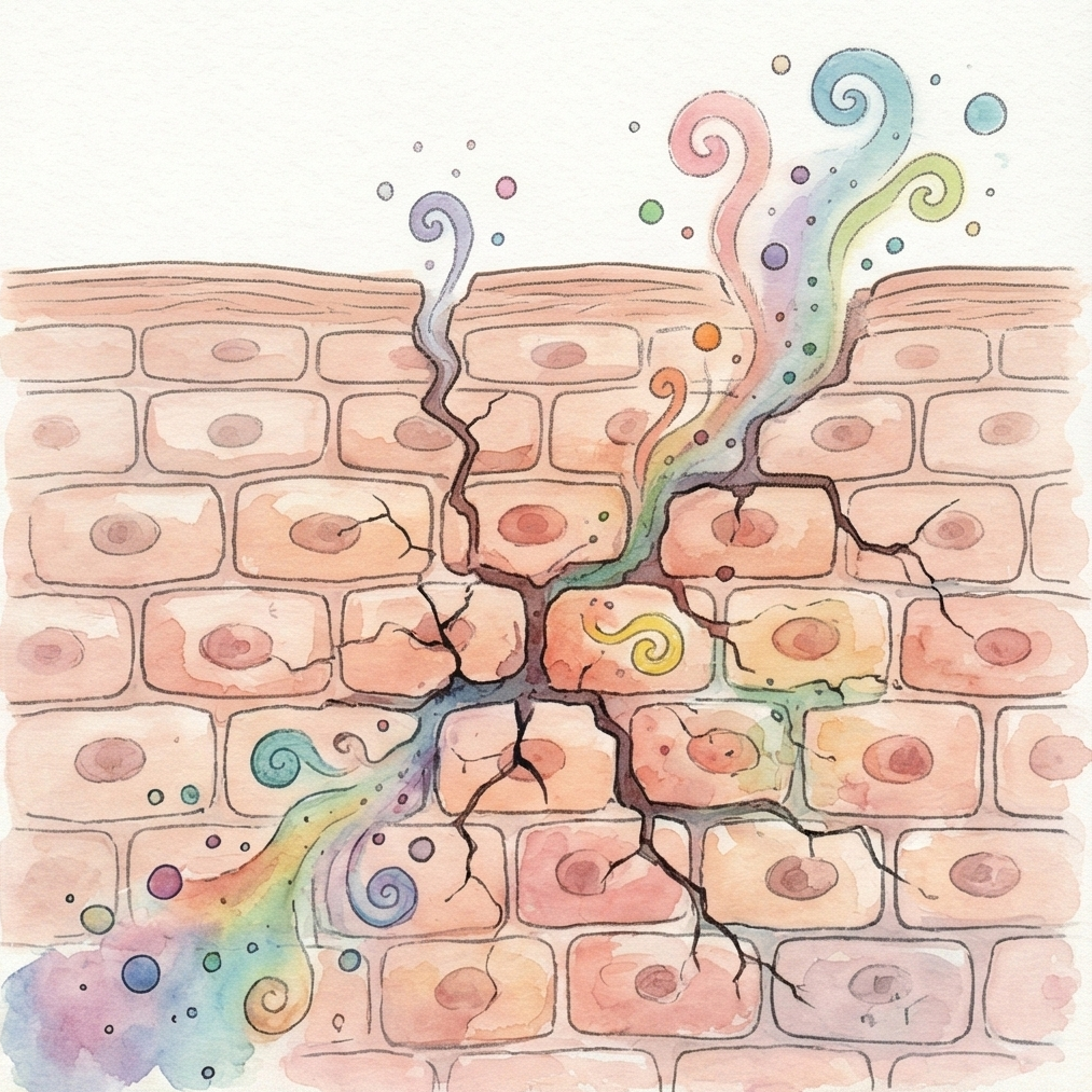 寵物異位性皮膚炎原理示意圖：破損的皮膚屏障導致化學分子滲入誘發搔癢