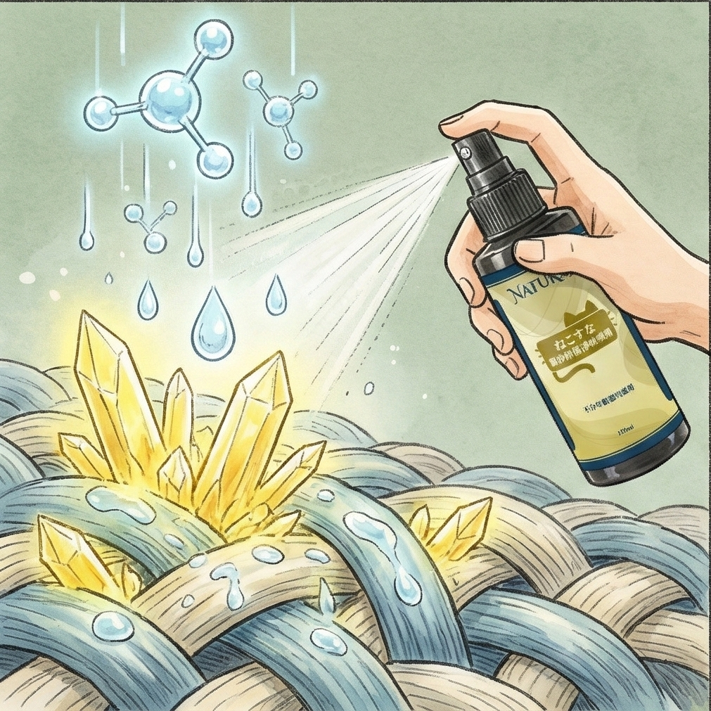 使用生物酵素噴霧透過「滲透分解技術」瓦解纖維中的尿酸分子，徹底根除貓尿味