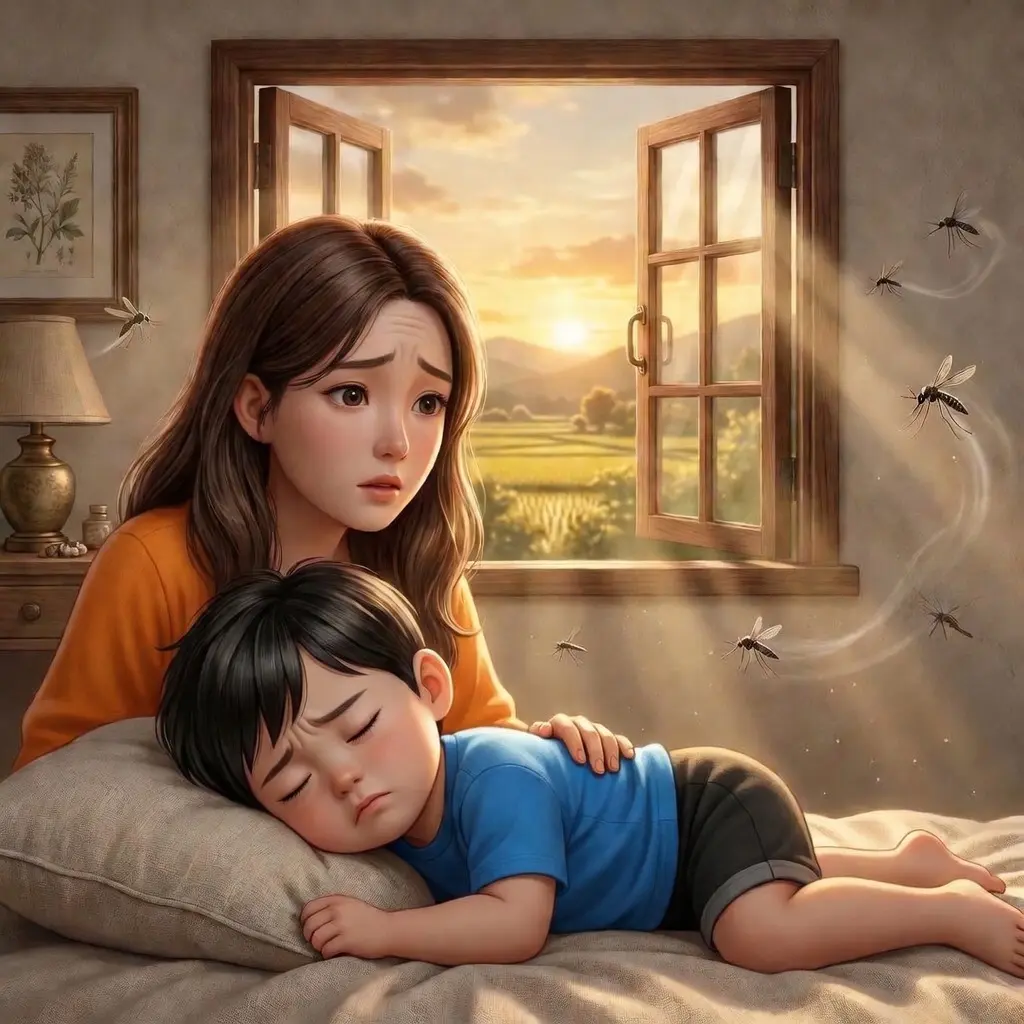 母親在夕陽下的溫暖房間中擔憂看著受蚊蟲干擾入睡的幼童