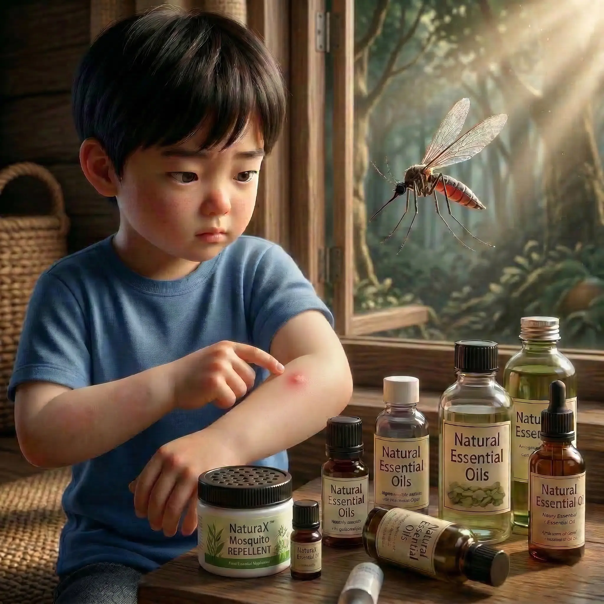 幼童手臂紅腫蚊叮痕跡與標籤模糊的不明精油