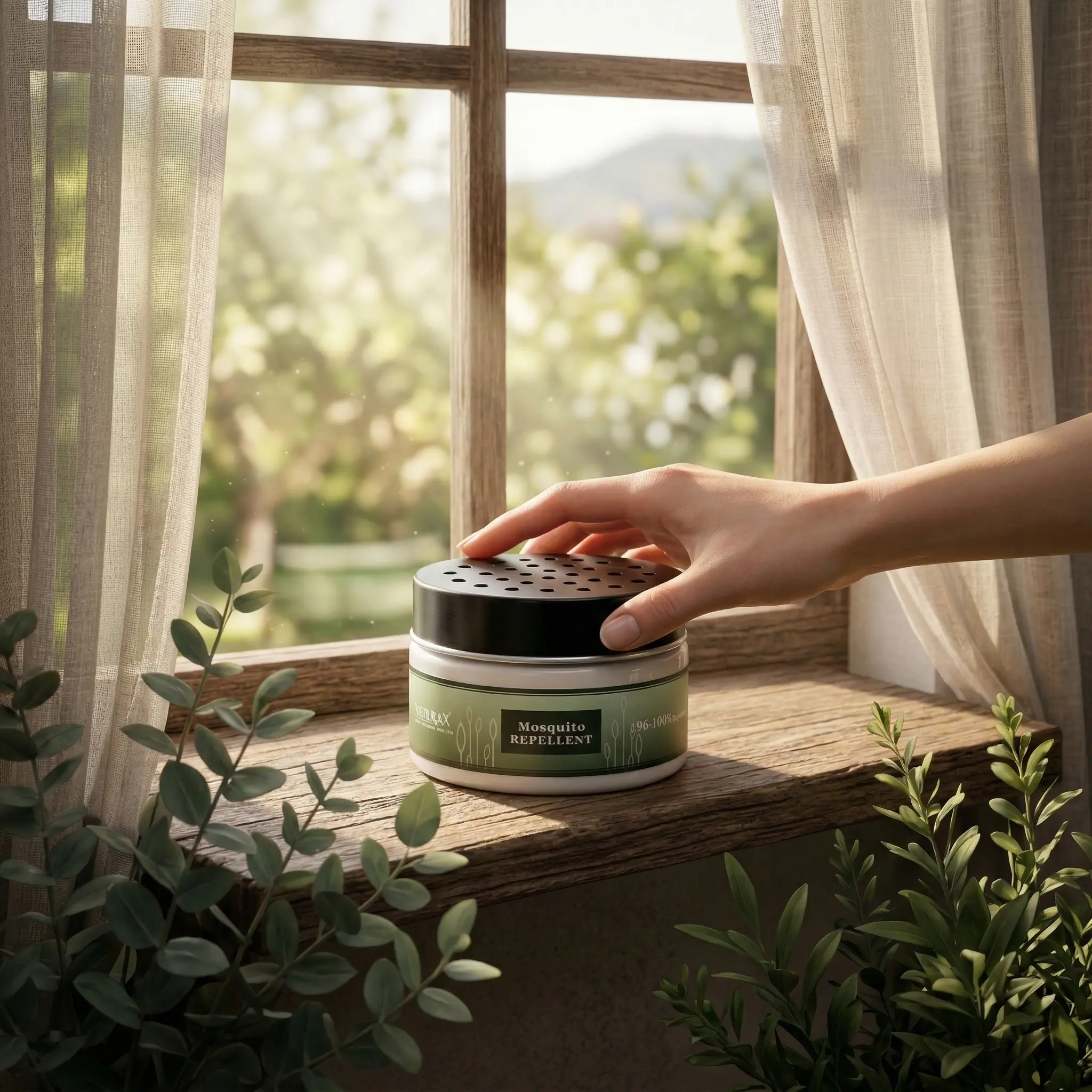 清晨陽光下將淨立方NaturaX防蚊凝膠優雅放置於木質層架，周圍環繞綠色尤加利葉