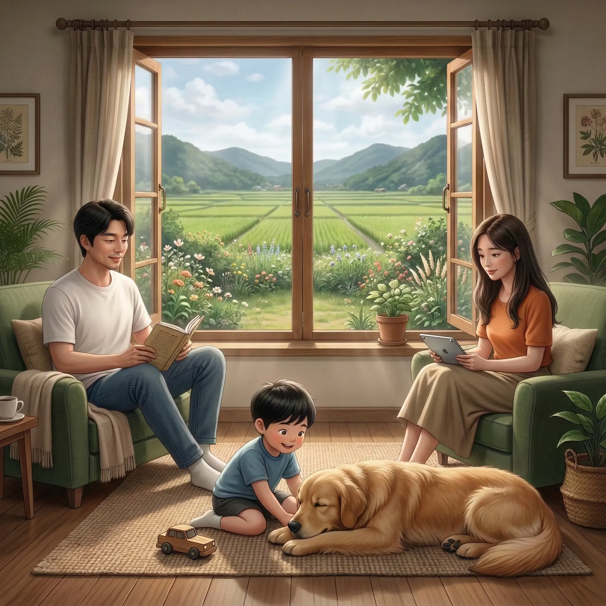 全景展示和諧純淨的居家空間，家人與幼童在無蚊環境中安穩活動的生活美學願景