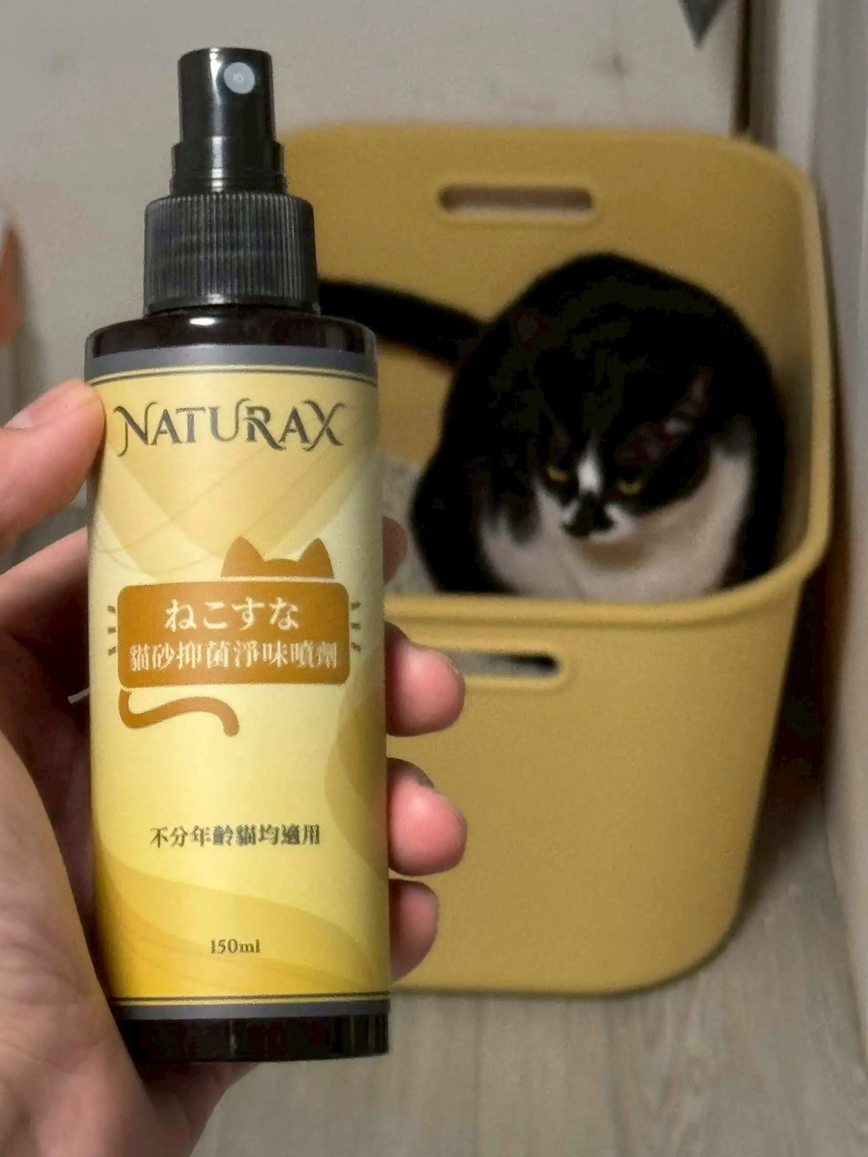 Close-up of NaturaX Natural Plant-Based Cat Litter Deodorant Spray held by a hand, featuring a black and white cat sitting comfortably in its litter box