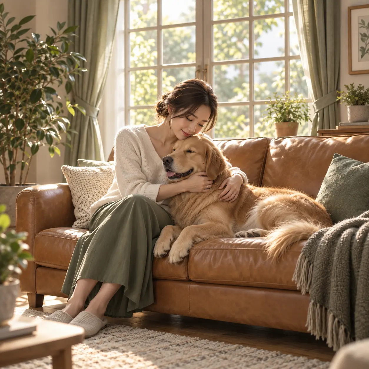 女子與黃金獵犬共享明亮純淨的居家空間