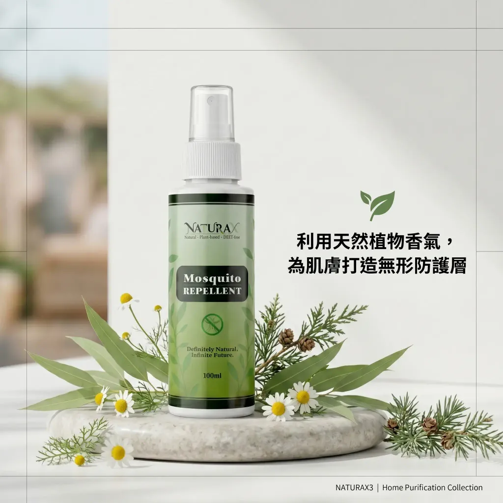NaturaX 植萃精油人身防蚊液與檸檬桉葉、薄荷及雪松意象