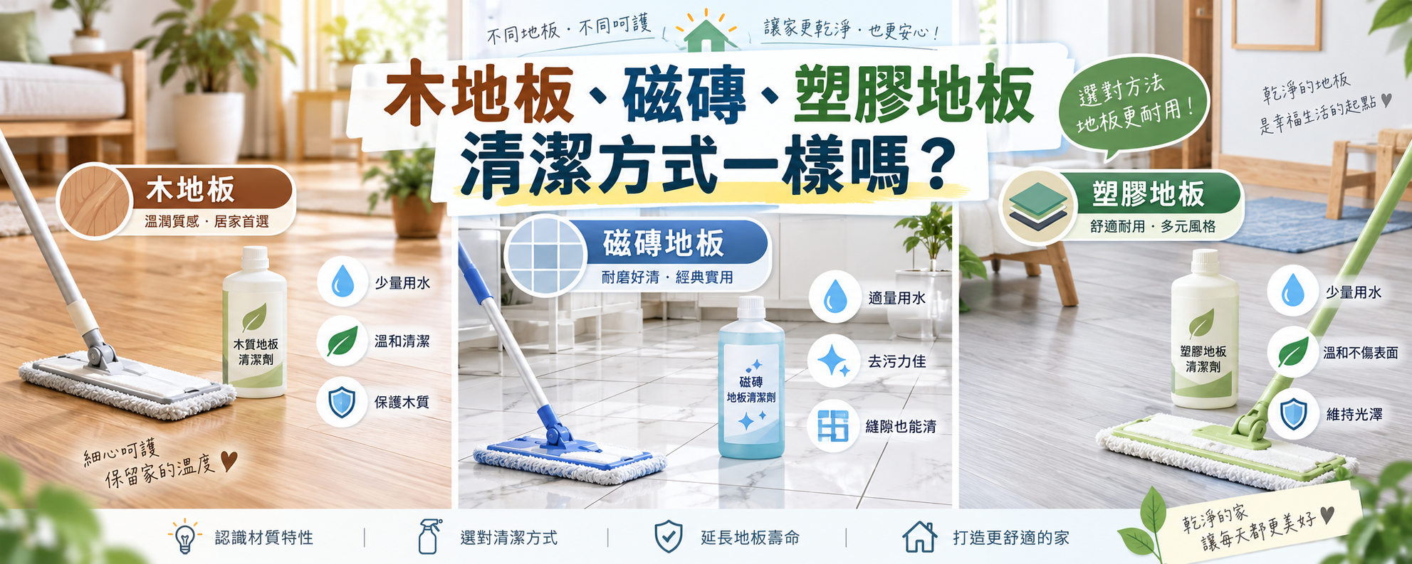 木地板、磁磚、塑膠地板清潔方式一樣嗎？常見地板材質整理指南
