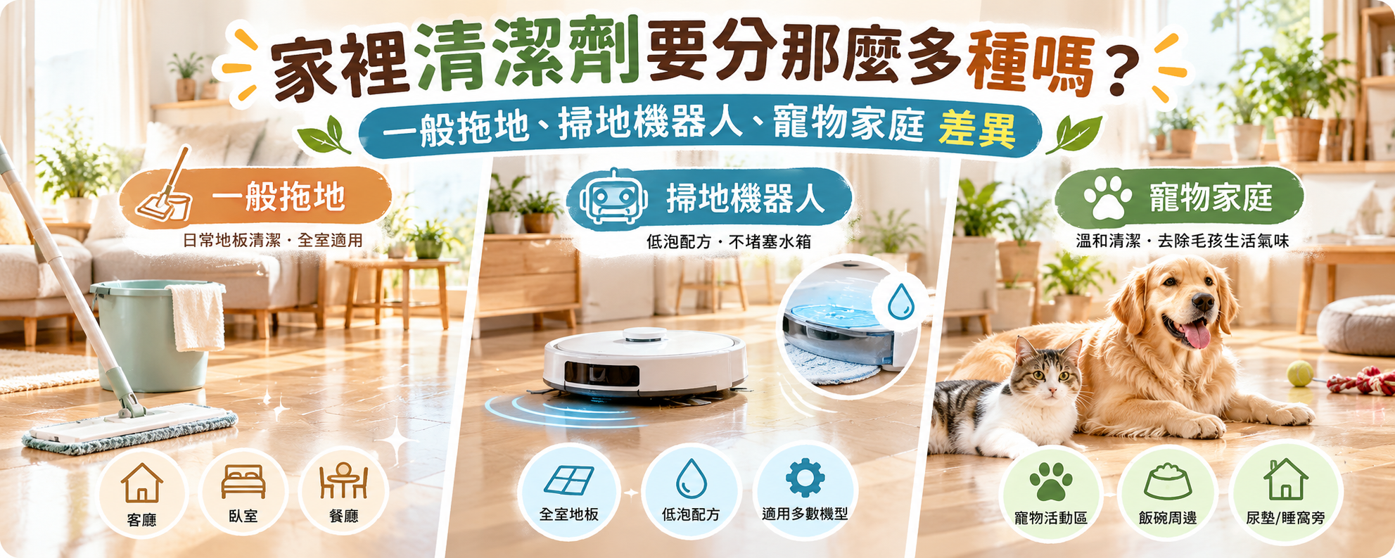家裡清潔劑真的要分那麼多種嗎？一般拖地、掃地機器人與寵物家庭差異
