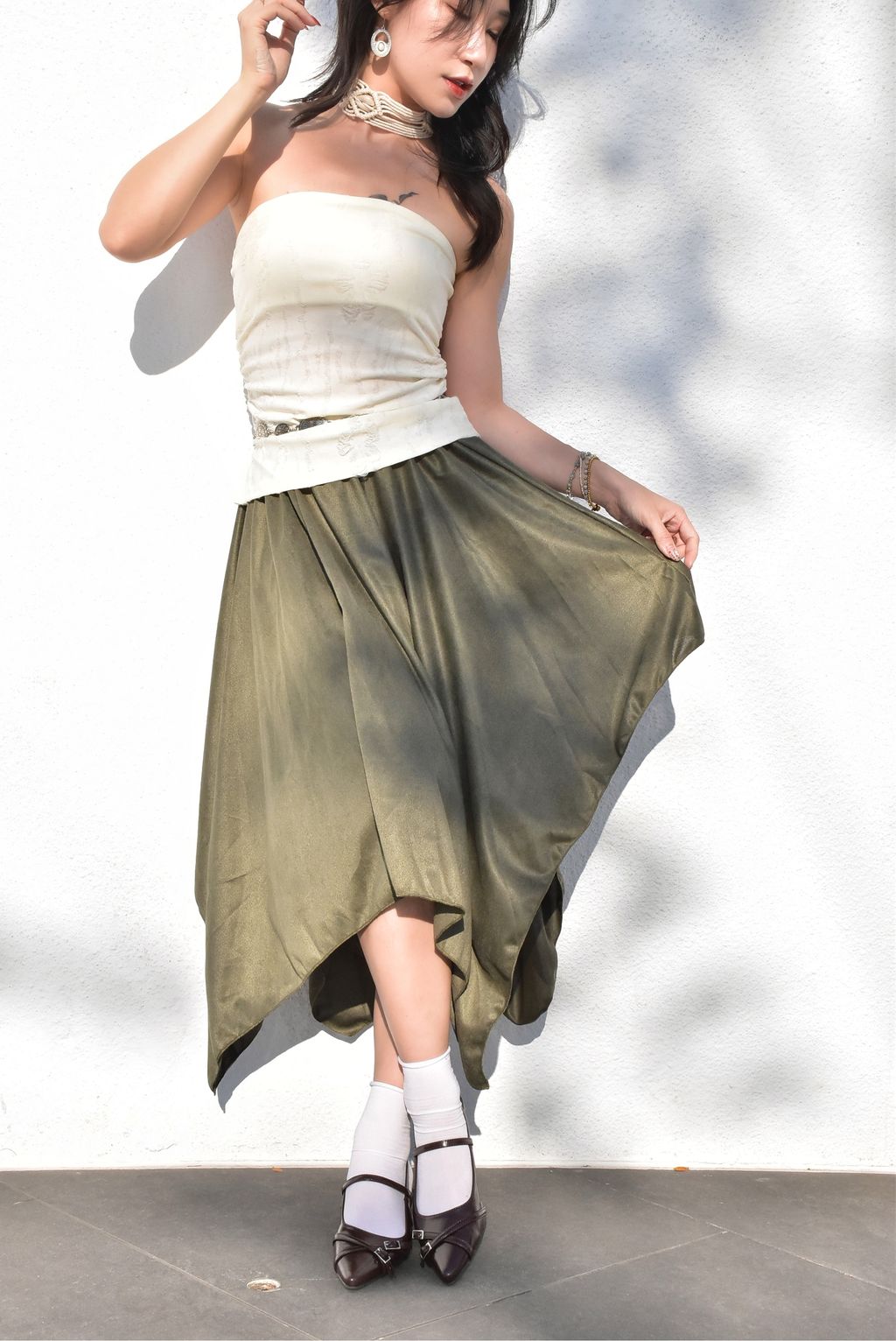6205絲絨不規則半裙｜森林綠-3