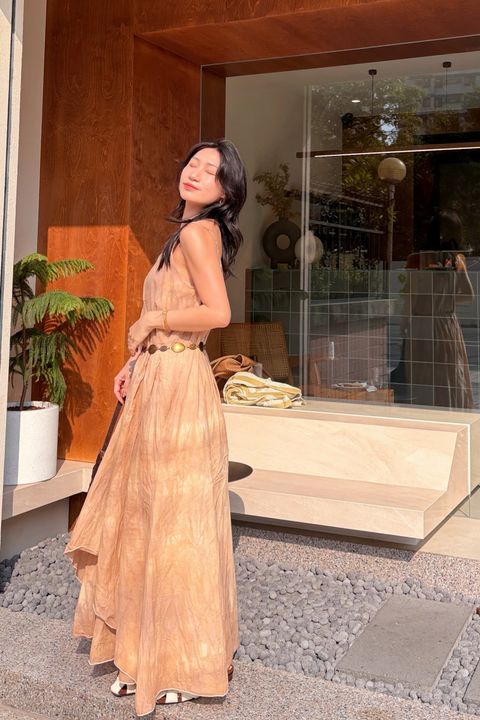 6302植物紮染｜立體條紋連身裙｜流沙金-1