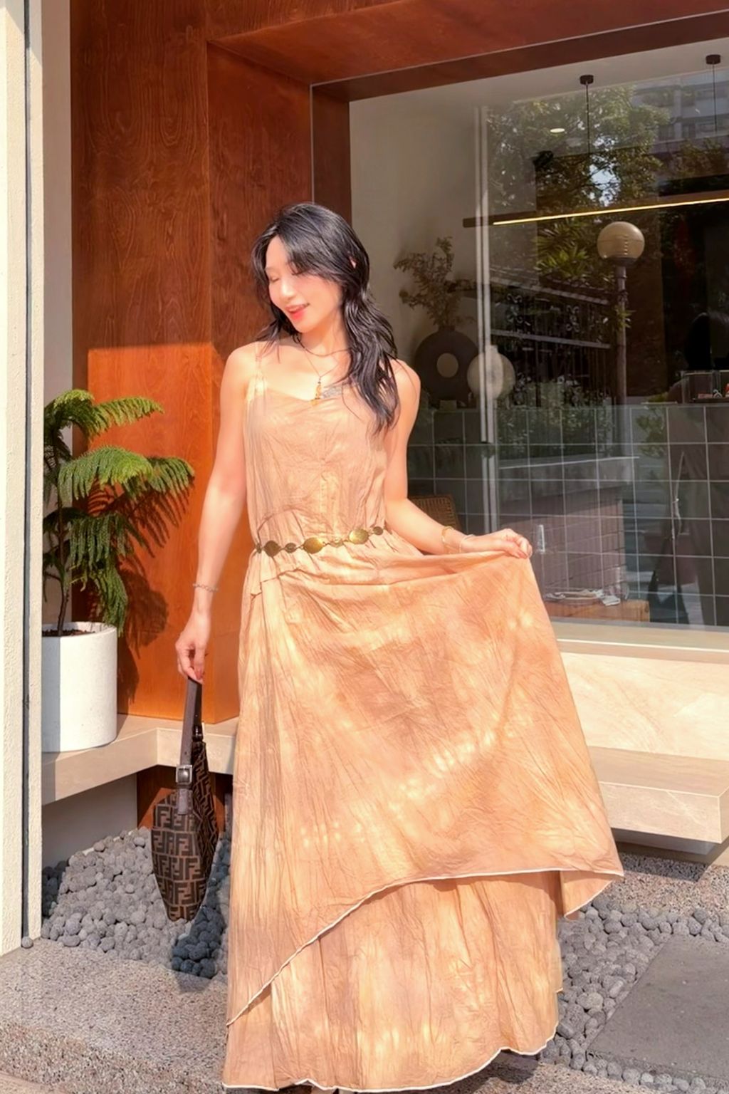 6302植物紮染｜立體條紋連身裙｜流沙金-2