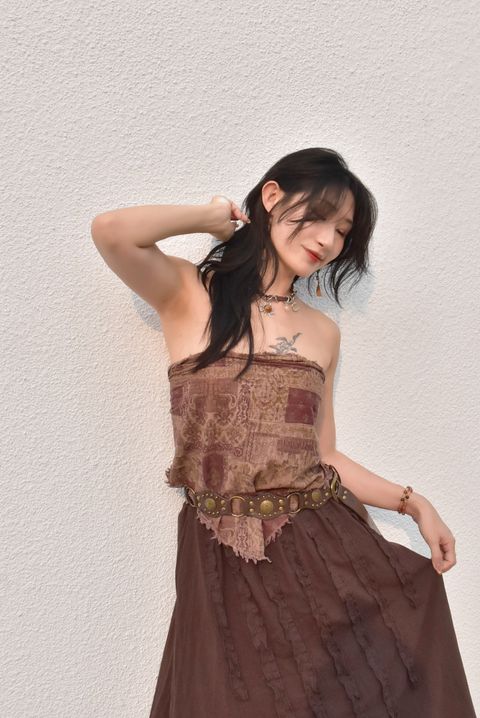 6319A民族風圖騰多用抹胸｜紅咖-1