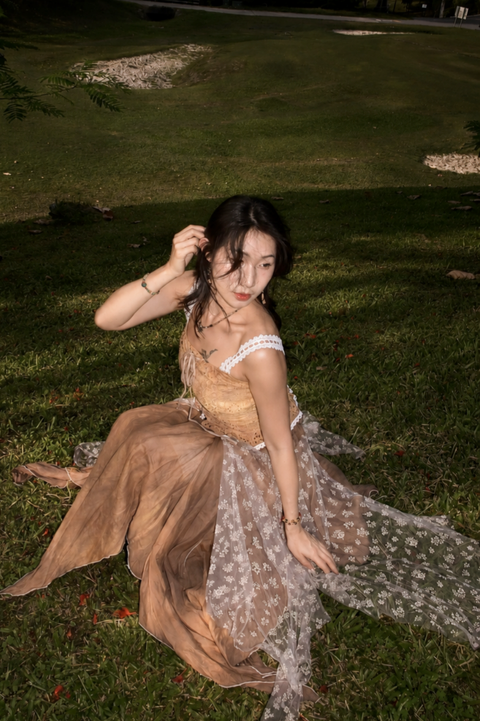 6403植物紮染｜精靈花朵透紗半裙｜焦糖栗-2
