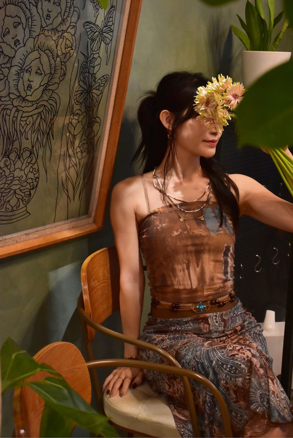 901水彩印花吊帶短上衣-4