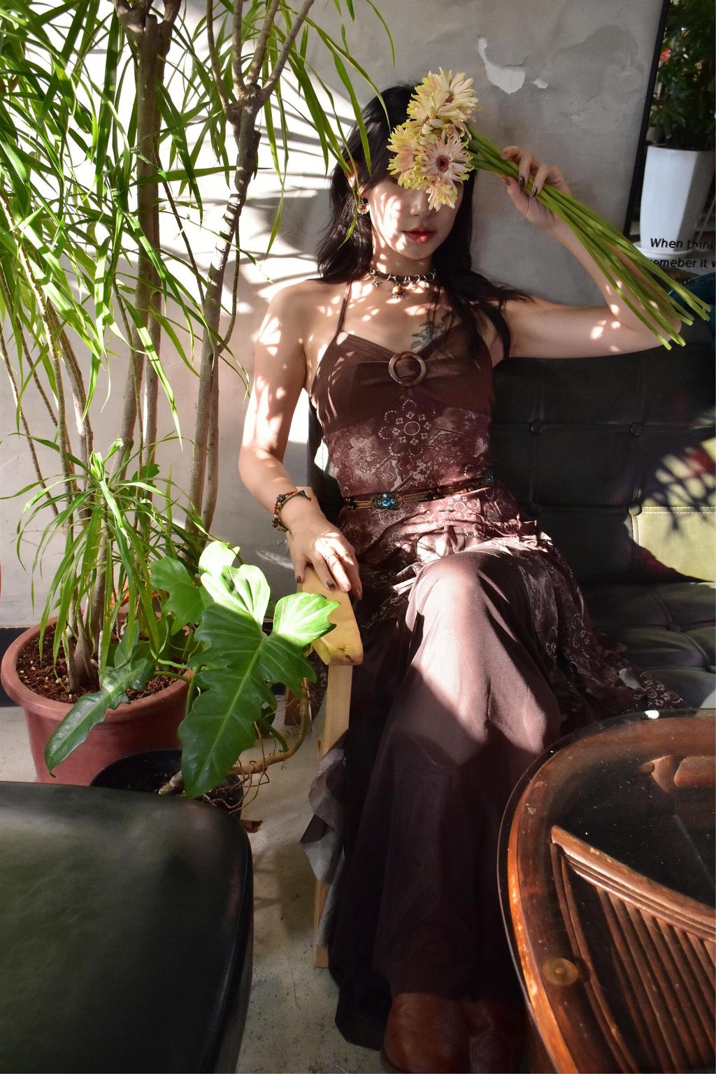 905花卉掛脖拼接吊帶-大地咖-7