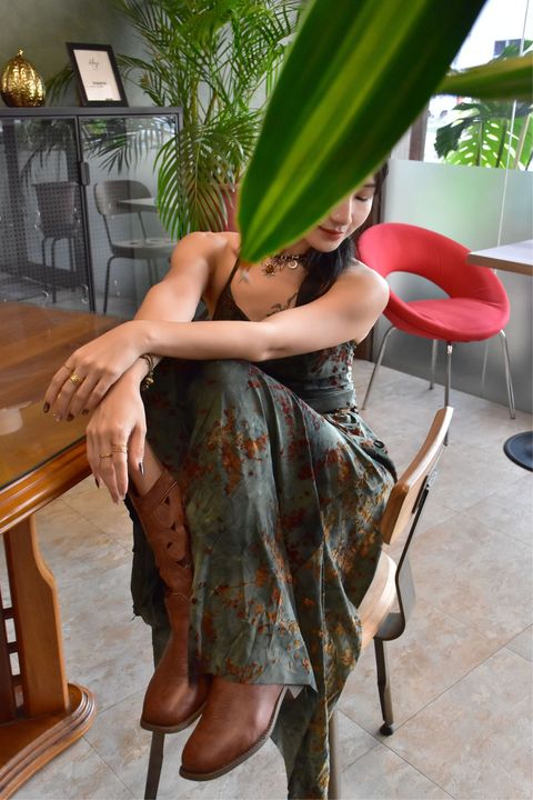 908植絨印花半裙-暗夜綠-1