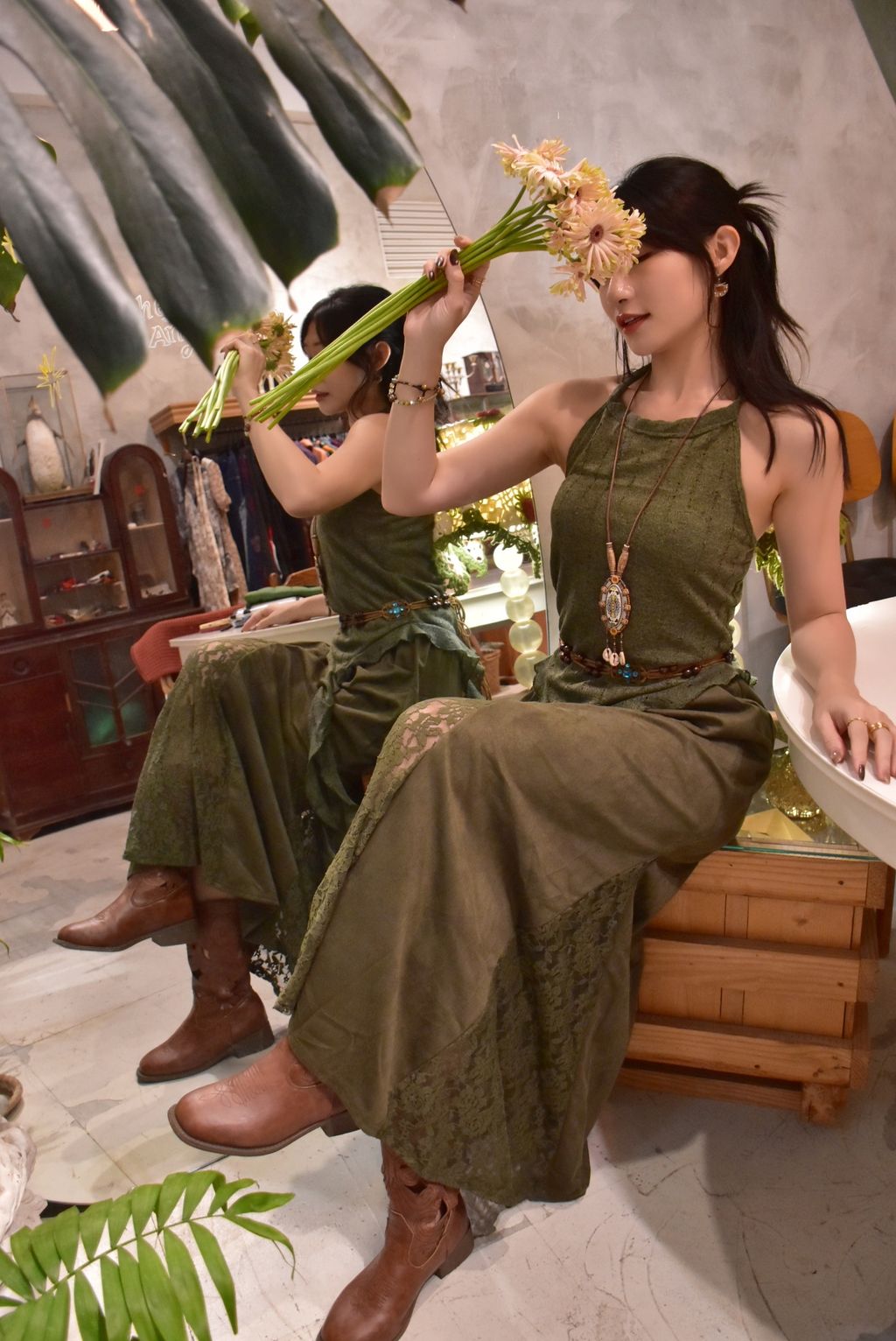 918絨面蕾絲拼接半裙-森林綠-3